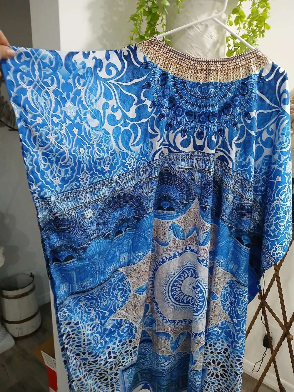 Mediterranean Blue Embellished V-Neck Swim Coverup